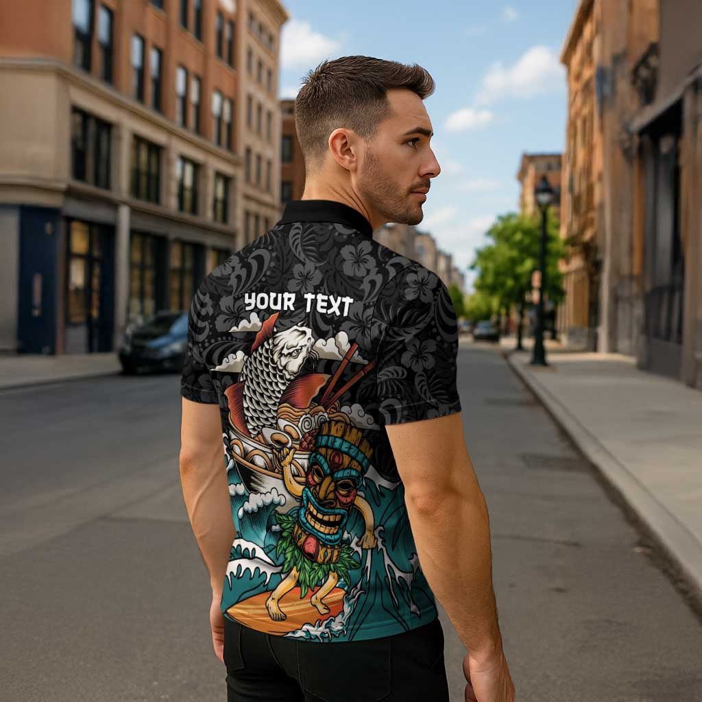 Personalized Japanese Koi Fish Ramen Zipper Polo Shirt Tiki Surfing Wagara Hibiscus Pattern