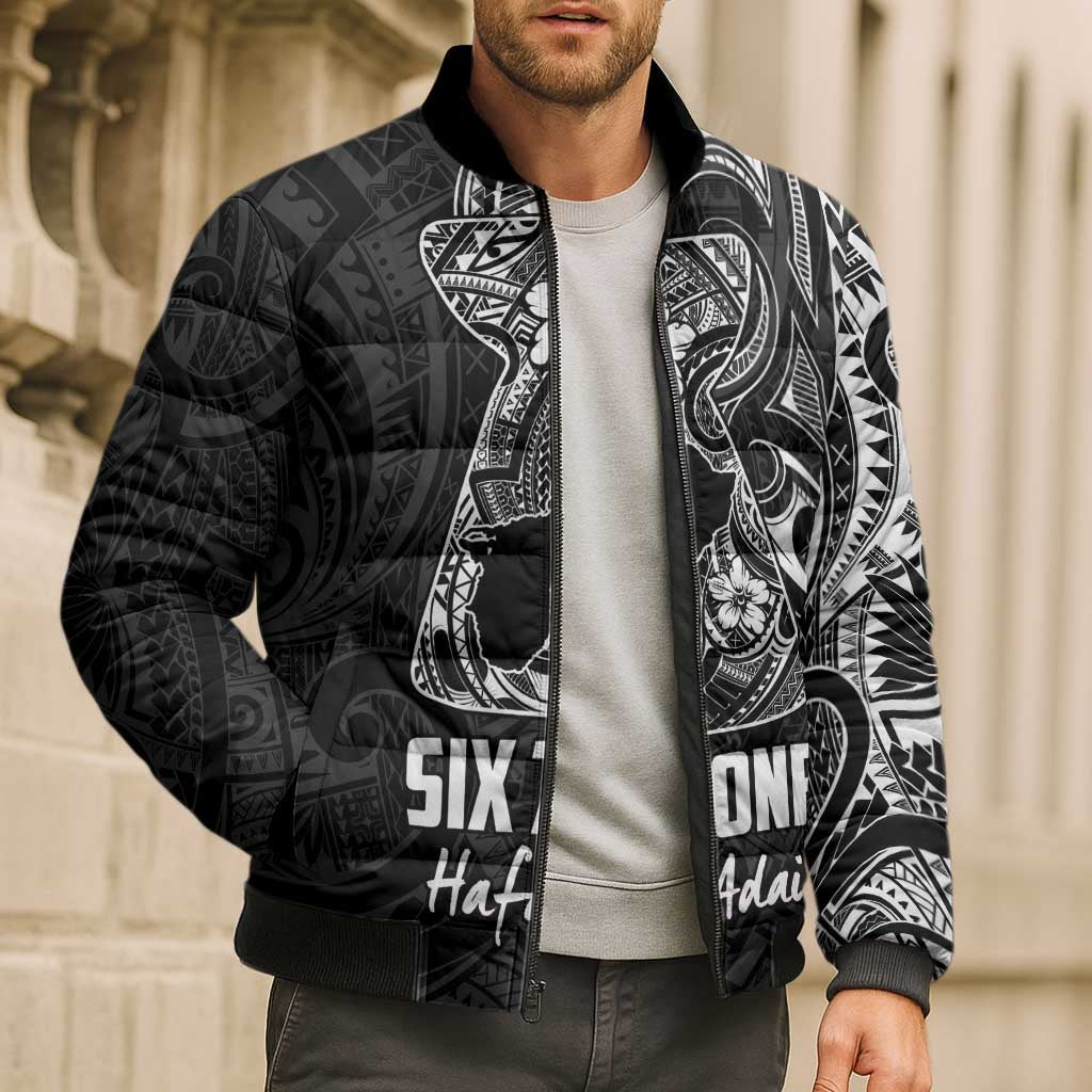 Black Guam Latte Stone Tribal Tattoo Bomber Puffer Jacket Hafa Adai Six 7 One - Polynesian Pride
