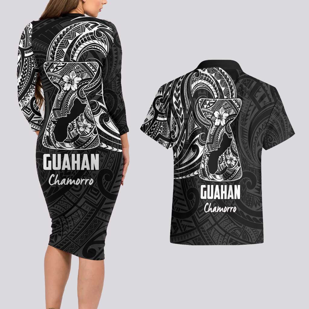Black Guam Latte Stone Tribal Tattoo Couples Matching Long Sleeve Bodycon Dress and Hawaiian Shirt Hafa Adai Six 7 One