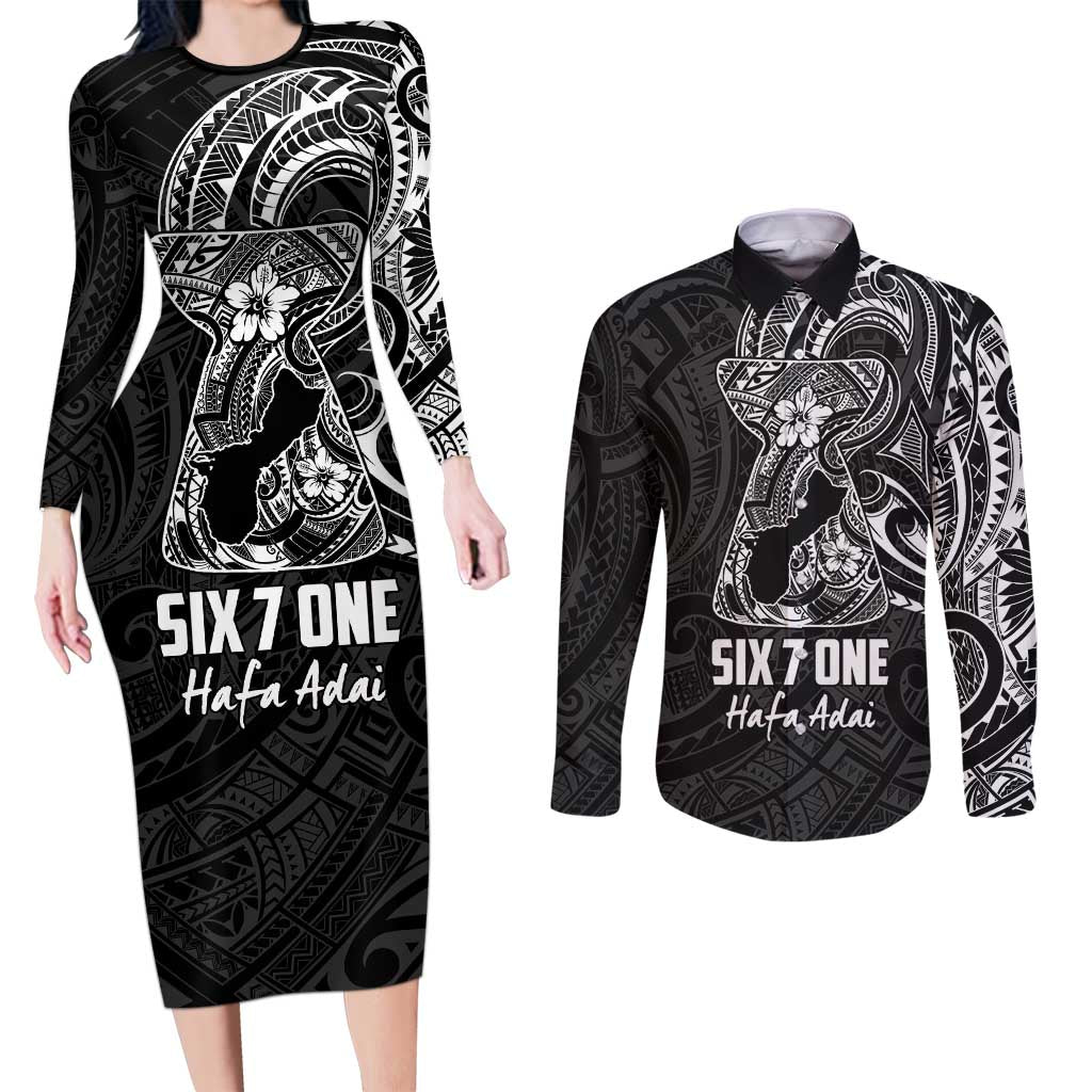 Black Guam Latte Stone Tribal Tattoo Couples Matching Long Sleeve Bodycon Dress and Long Sleeve Button Shirt Hafa Adai Six 7 One