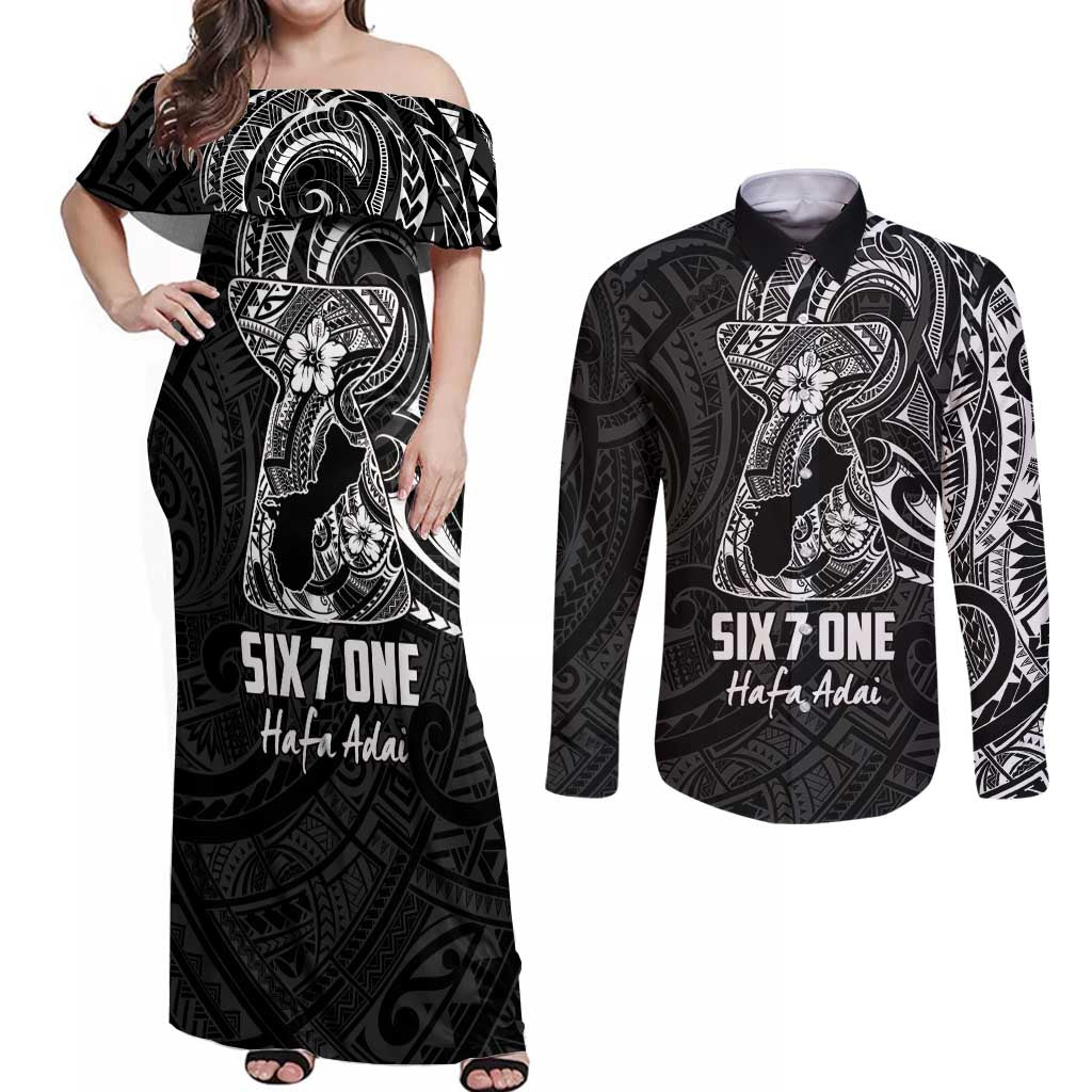 Black Guam Latte Stone Tribal Tattoo Couples Matching Off Shoulder Maxi Dress and Long Sleeve Button Shirt Hafa Adai Six 7 One