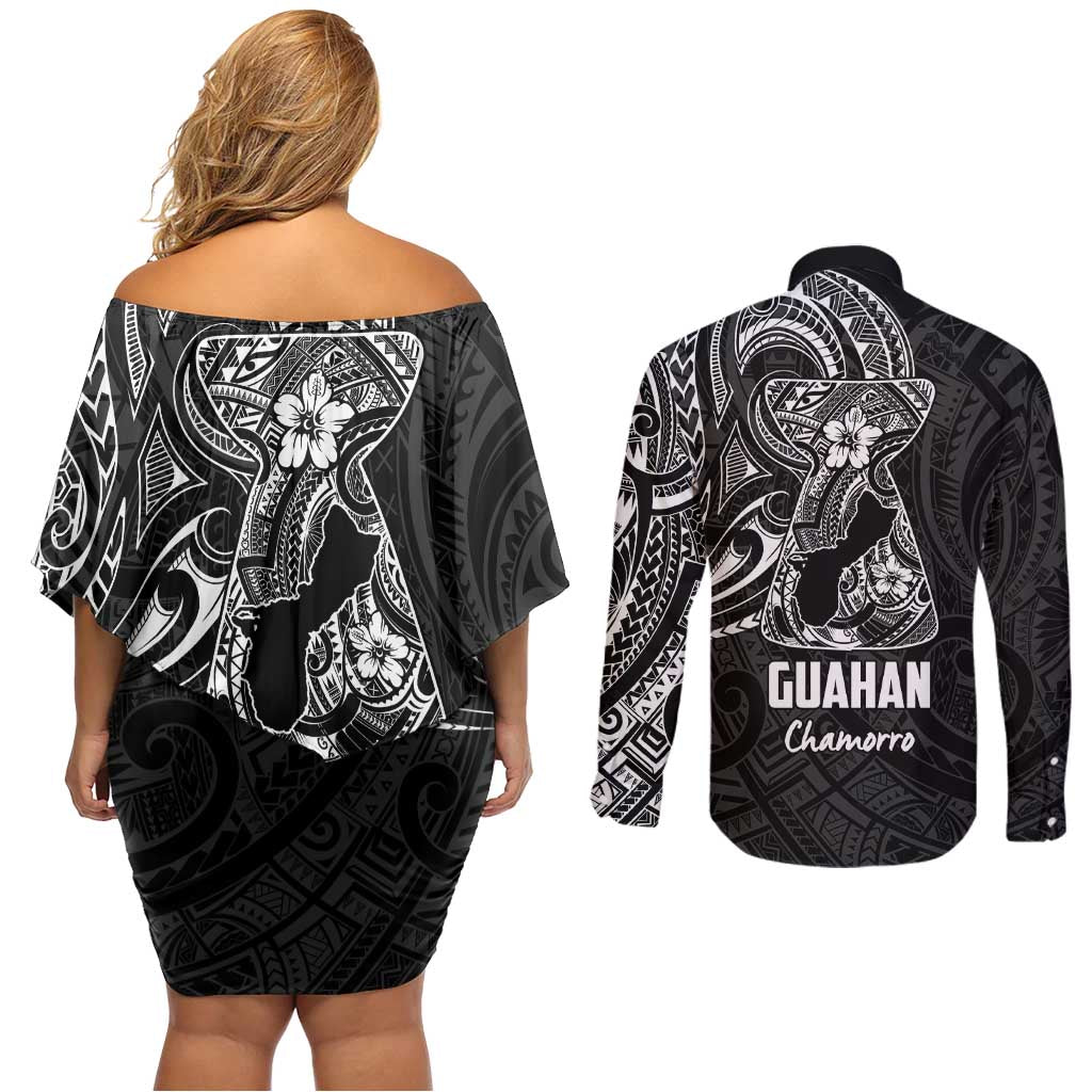 Black Guam Latte Stone Tribal Tattoo Couples Matching Off Shoulder Short Dress and Long Sleeve Button Shirt Hafa Adai Six 7 One