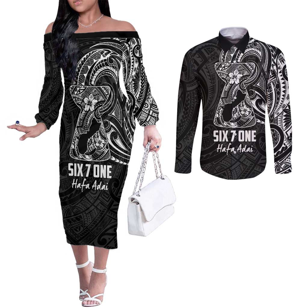Black Guam Latte Stone Tribal Tattoo Couples Matching Off The Shoulder Long Sleeve Dress and Long Sleeve Button Shirt Hafa Adai Six 7 One