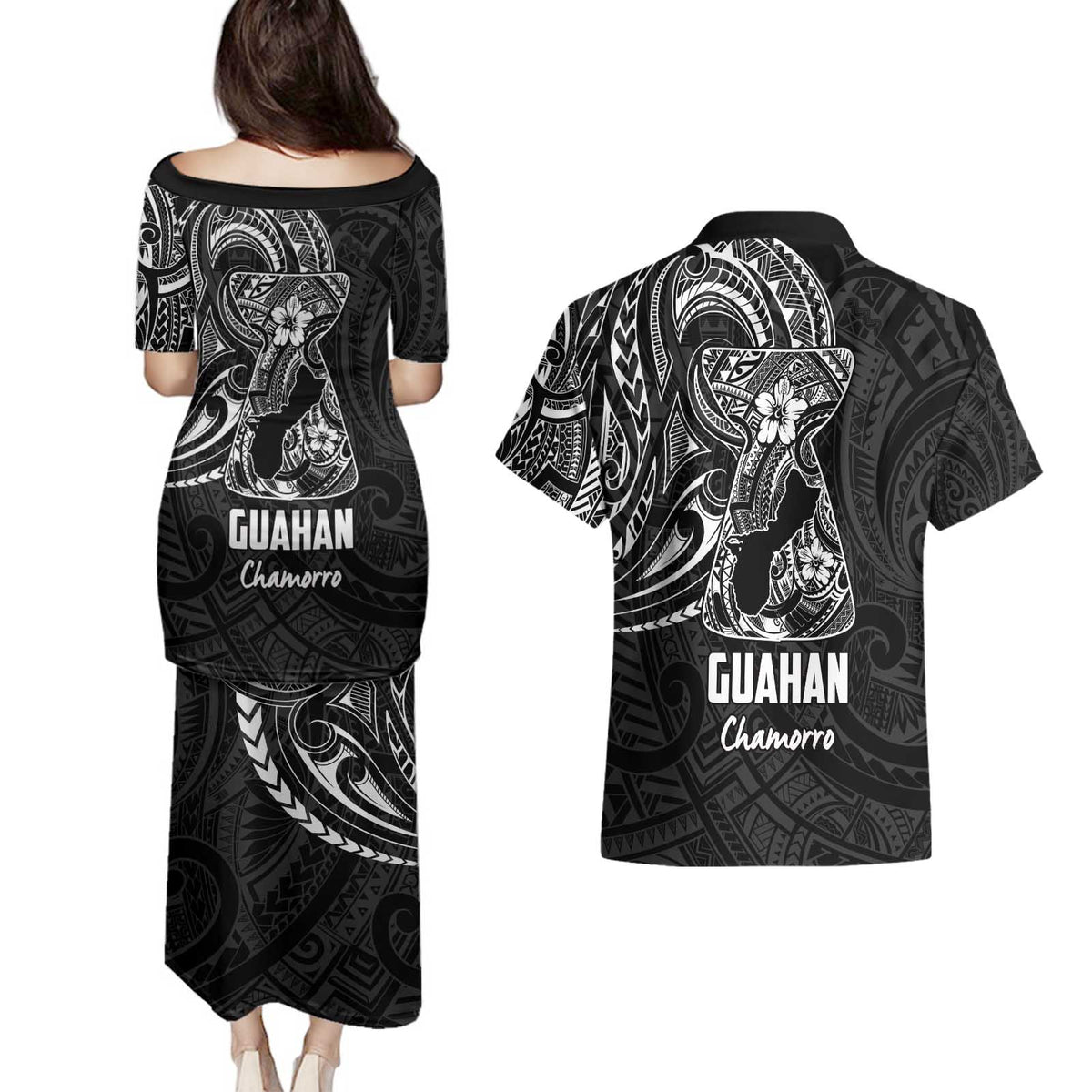 Black Guam Latte Stone Tribal Tattoo Couples Matching Puletasi and Hawaiian Shirt Hafa Adai Six 7 One