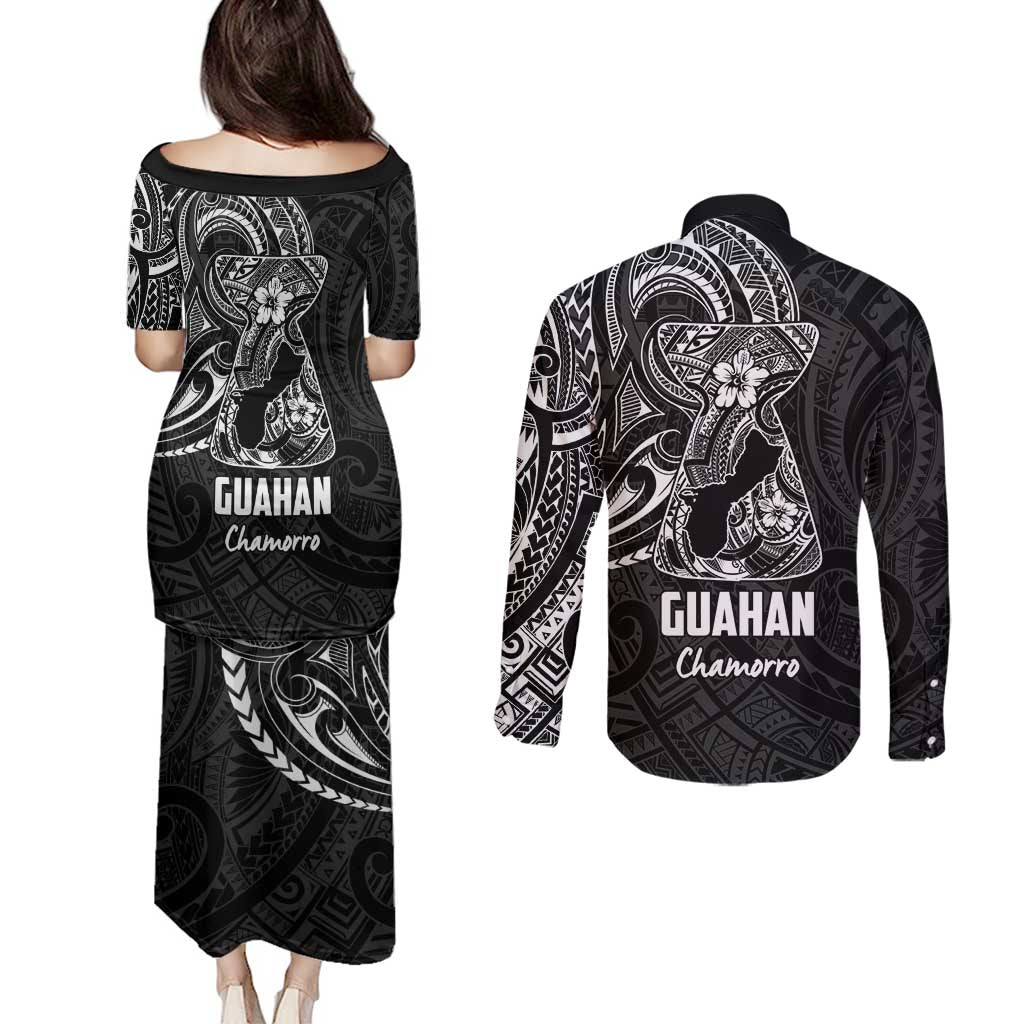 Black Guam Latte Stone Tribal Tattoo Couples Matching Puletasi and Long Sleeve Button Shirt Hafa Adai Six 7 One