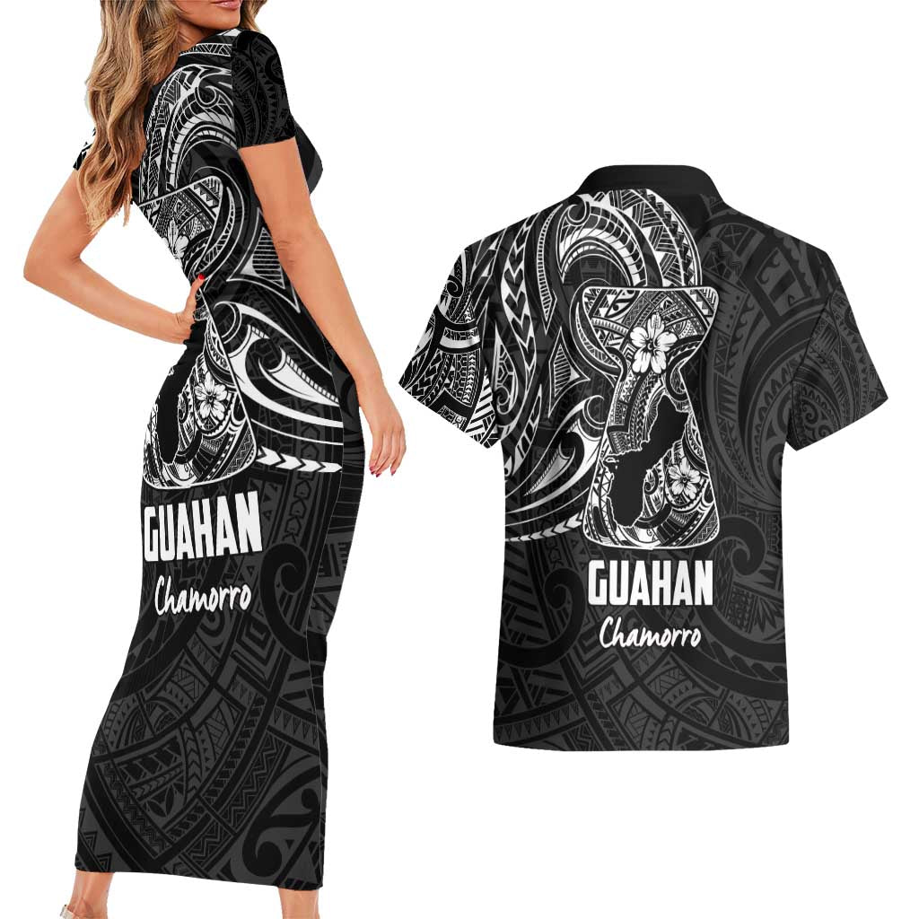 Black Guam Latte Stone Tribal Tattoo Couples Matching Short Sleeve Bodycon Dress and Hawaiian Shirt Hafa Adai Six 7 One