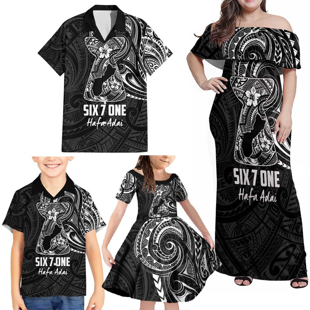 Black Guam Latte Stone Tribal Tattoo Family Matching Off Shoulder Maxi Dress and Hawaiian Shirt Hafa Adai Six 7 One