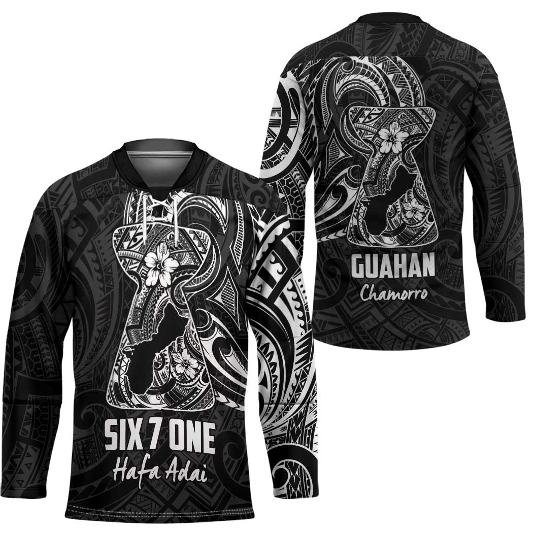Black Guam Latte Stone Tribal Tattoo Hockey Jersey Hafa Adai Six 7 One - Polynesian Pride