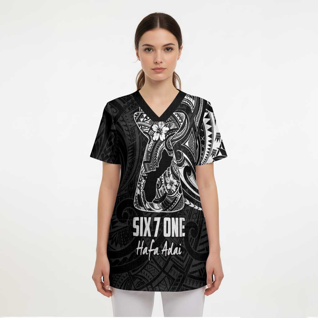 Black Guam Latte Stone Tribal Tattoo Scrub Top Hafa Adai Six 7 One - Polynesian Pride