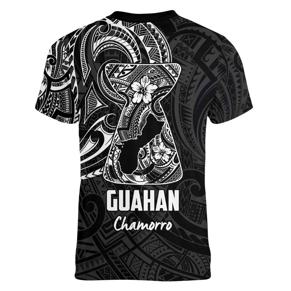 Black Guam Latte Stone Tribal Tattoo Women V-Neck T-Shirt Hafa Adai Six 7 One