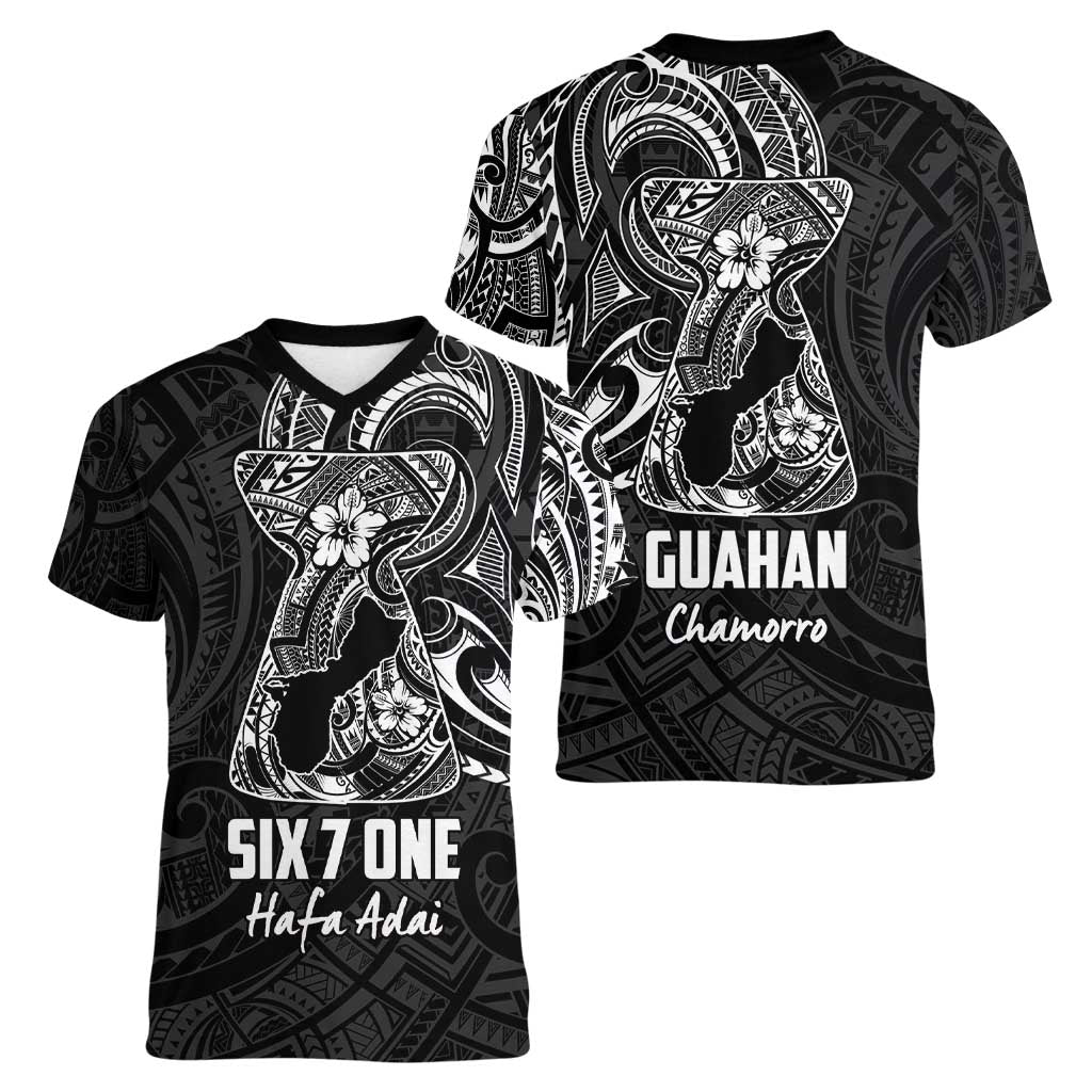 Black Guam Latte Stone Tribal Tattoo Women V-Neck T-Shirt Hafa Adai Six 7 One