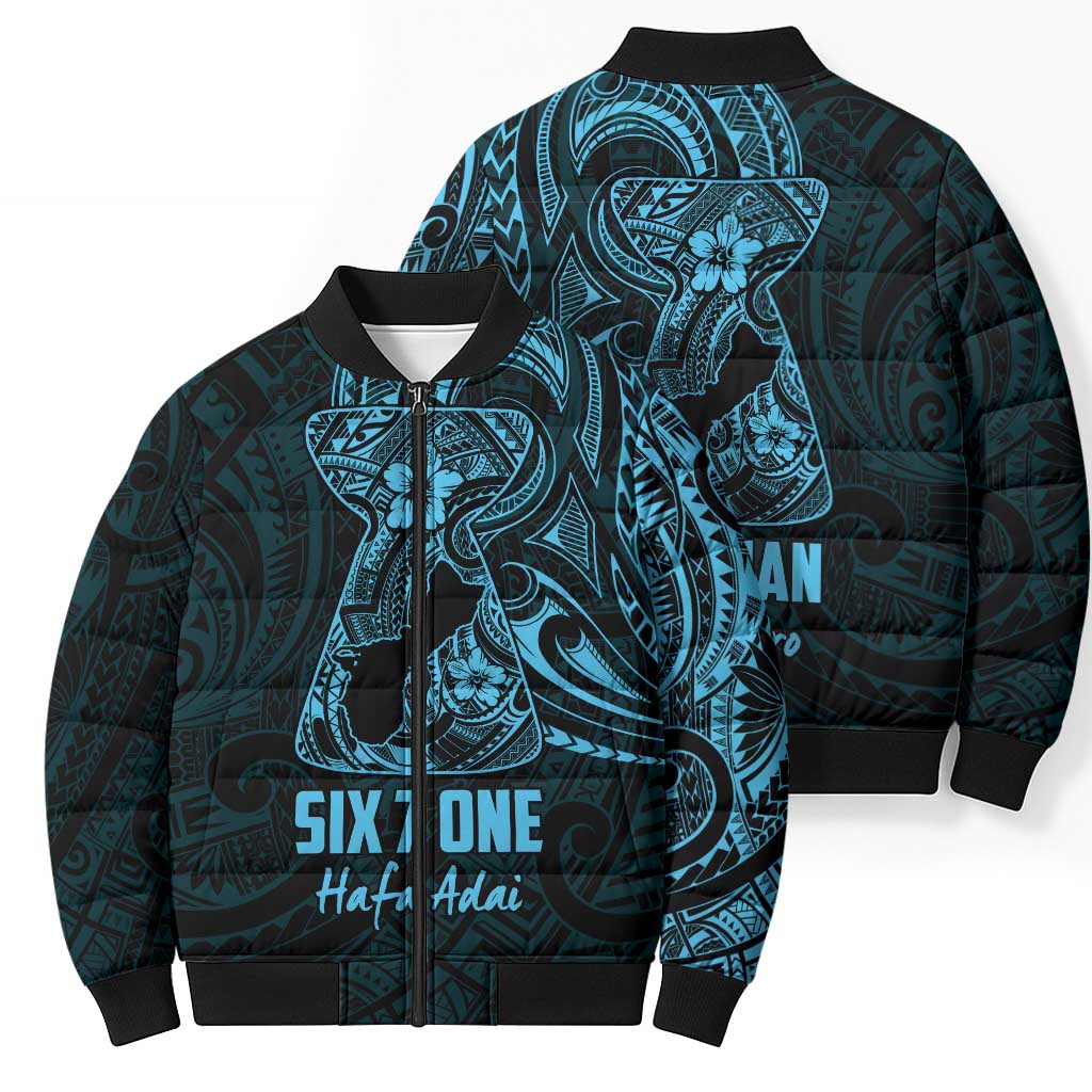 Blue Guam Latte Stone Tribal Tattoo Bomber Puffer Jacket Hafa Adai Six 7 One - Polynesian Pride