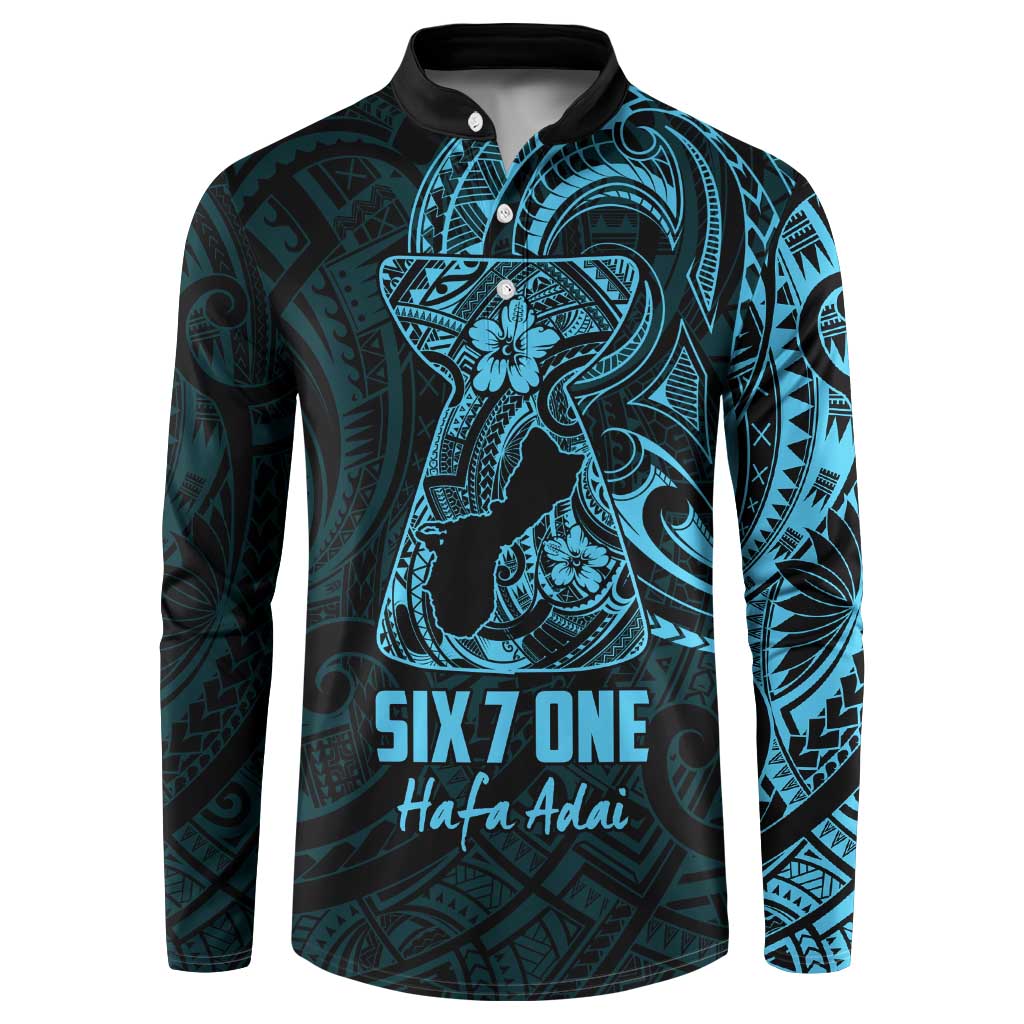 Blue Guam Latte Stone Tribal Tattoo Button Sweatshirt Hafa Adai Six 7 One