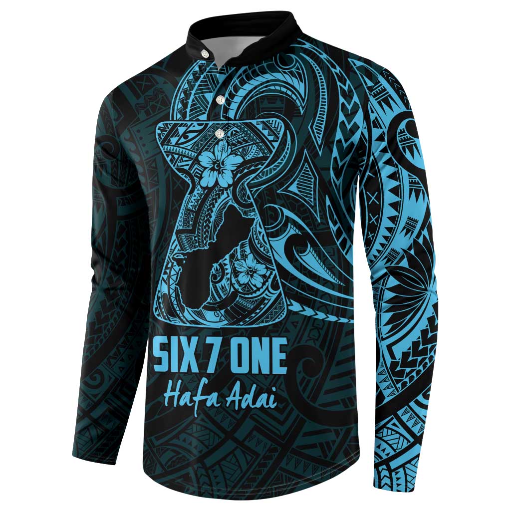 Blue Guam Latte Stone Tribal Tattoo Button Sweatshirt Hafa Adai Six 7 One