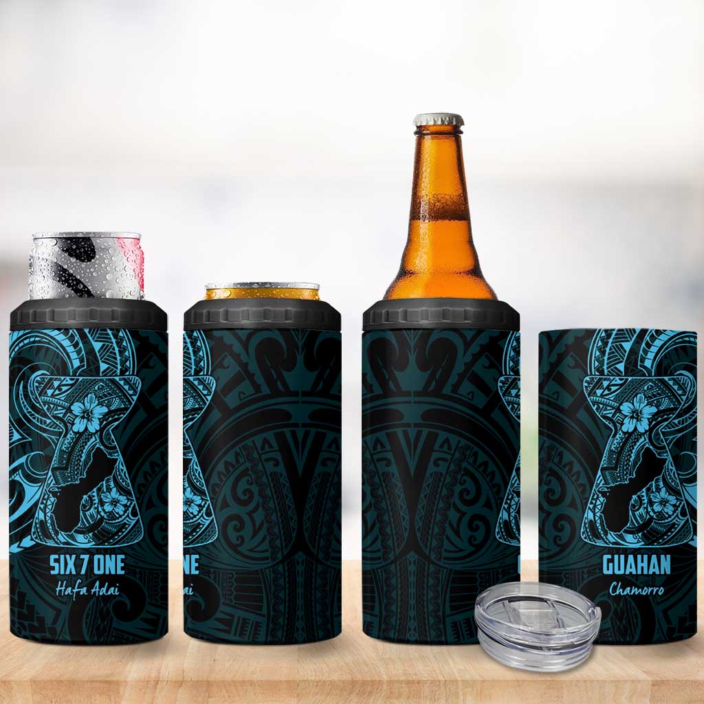 Blue Guam Latte Stone Tribal Tattoo 4 in 1 Can Cooler Tumbler Hafa Adai Six 7 One
