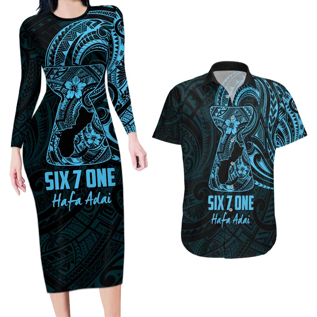 Blue Guam Latte Stone Tribal Tattoo Couples Matching Long Sleeve Bodycon Dress and Hawaiian Shirt Hafa Adai Six 7 One