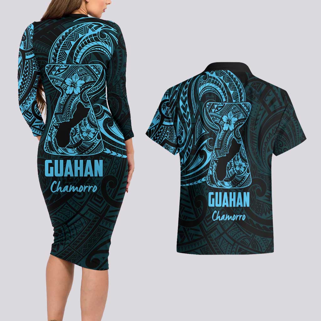 Blue Guam Latte Stone Tribal Tattoo Couples Matching Long Sleeve Bodycon Dress and Hawaiian Shirt Hafa Adai Six 7 One