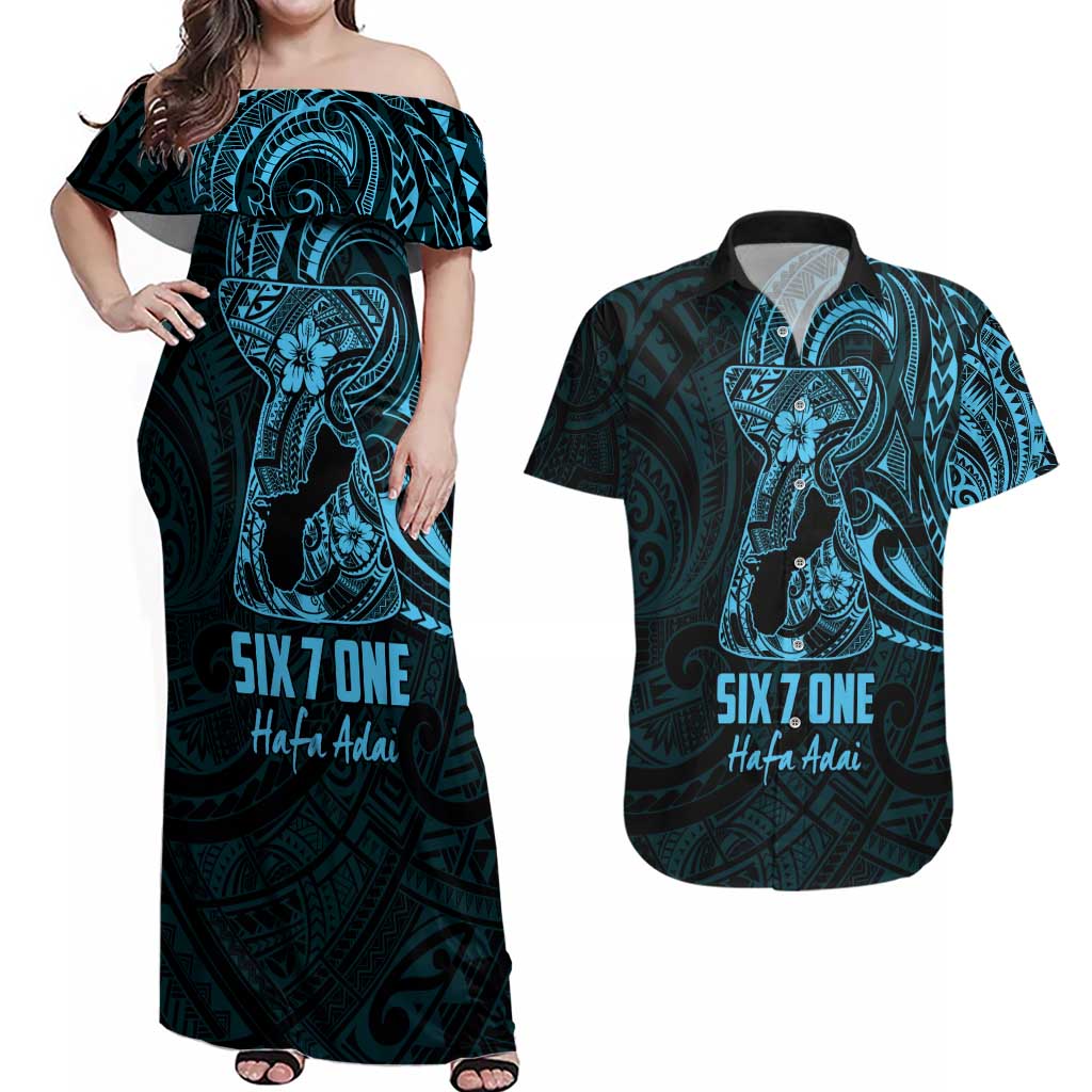 Blue Guam Latte Stone Tribal Tattoo Couples Matching Off Shoulder Maxi Dress and Hawaiian Shirt Hafa Adai Six 7 One