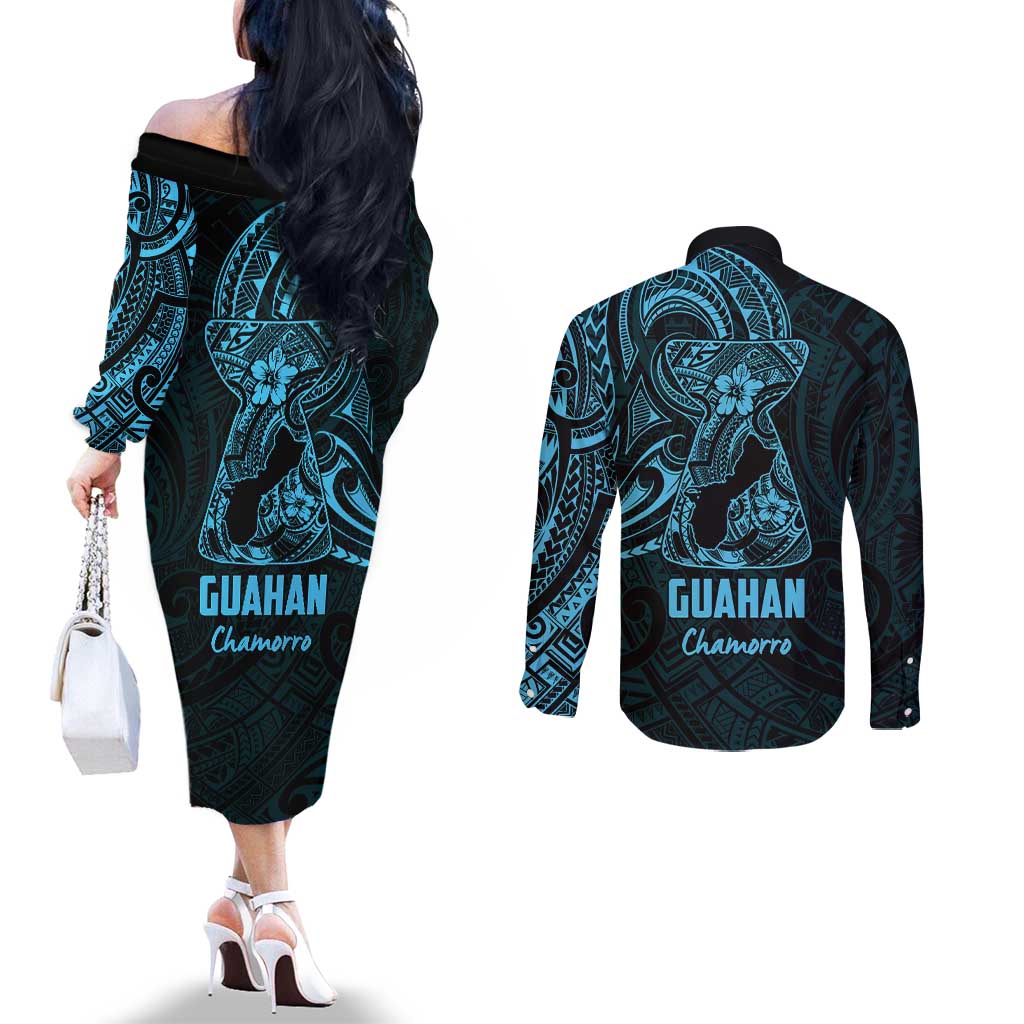 Blue Guam Latte Stone Tribal Tattoo Couples Matching Off The Shoulder Long Sleeve Dress and Long Sleeve Button Shirt Hafa Adai Six 7 One