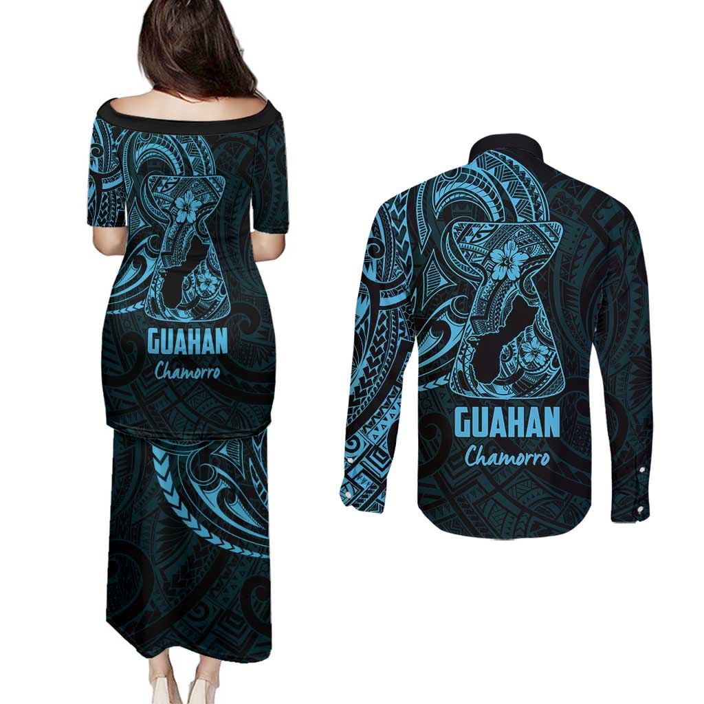 Blue Guam Latte Stone Tribal Tattoo Couples Matching Puletasi and Long Sleeve Button Shirt Hafa Adai Six 7 One