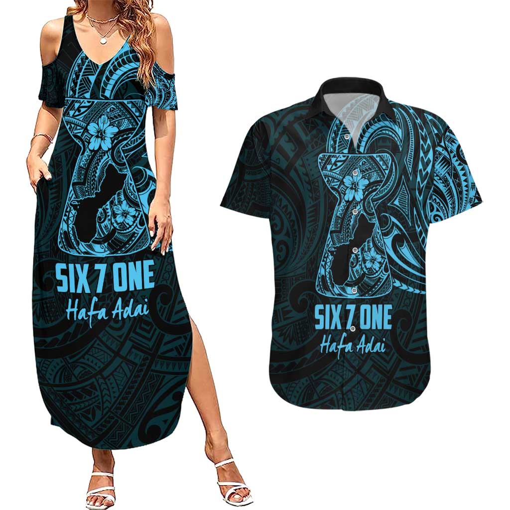 Blue Guam Latte Stone Tribal Tattoo Couples Matching Summer Maxi Dress and Hawaiian Shirt Hafa Adai Six 7 One