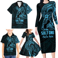 Blue Guam Latte Stone Tribal Tattoo Family Matching Long Sleeve Bodycon Dress and Hawaiian Shirt Hafa Adai Six 7 One LT9 - Polynesian Pride