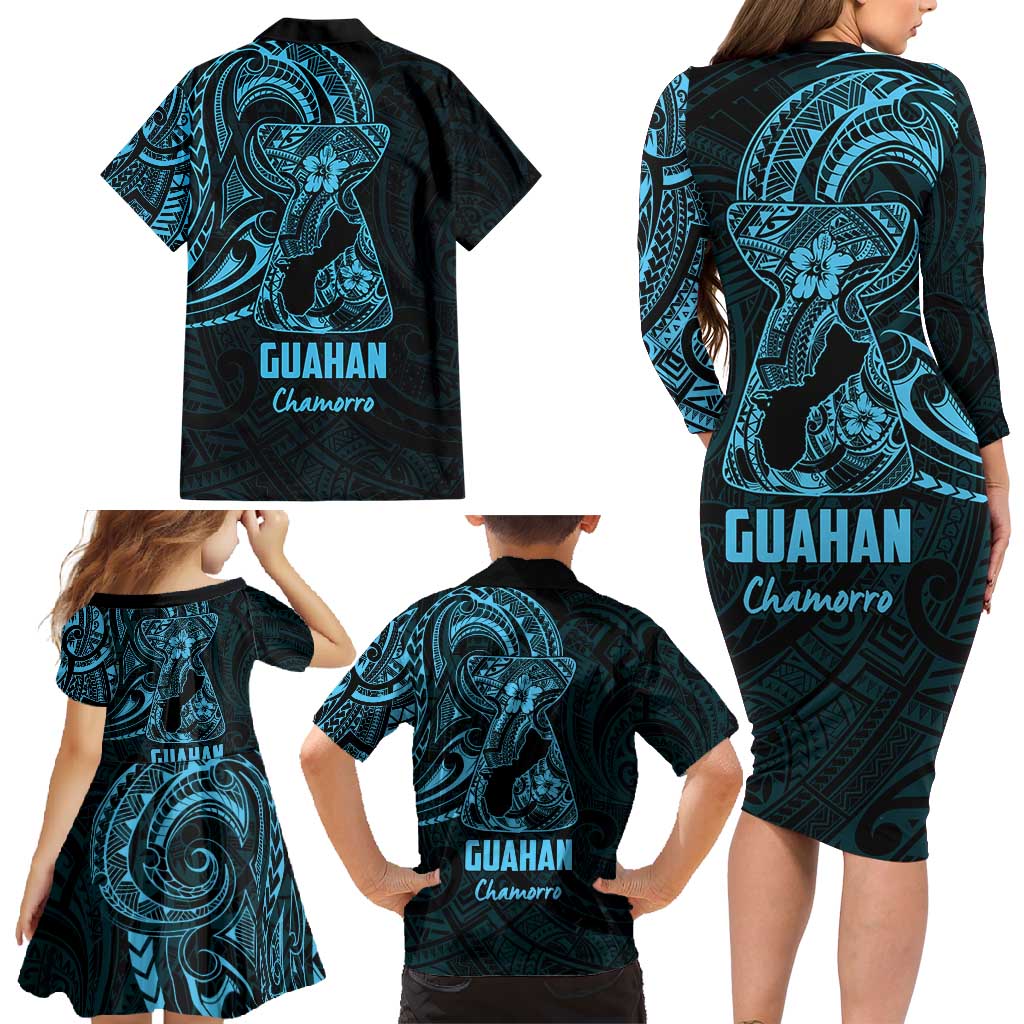Blue Guam Latte Stone Tribal Tattoo Family Matching Long Sleeve Bodycon Dress and Hawaiian Shirt Hafa Adai Six 7 One LT9 - Polynesian Pride