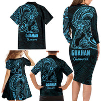 Blue Guam Latte Stone Tribal Tattoo Family Matching Long Sleeve Bodycon Dress and Hawaiian Shirt Hafa Adai Six 7 One LT9 - Polynesian Pride