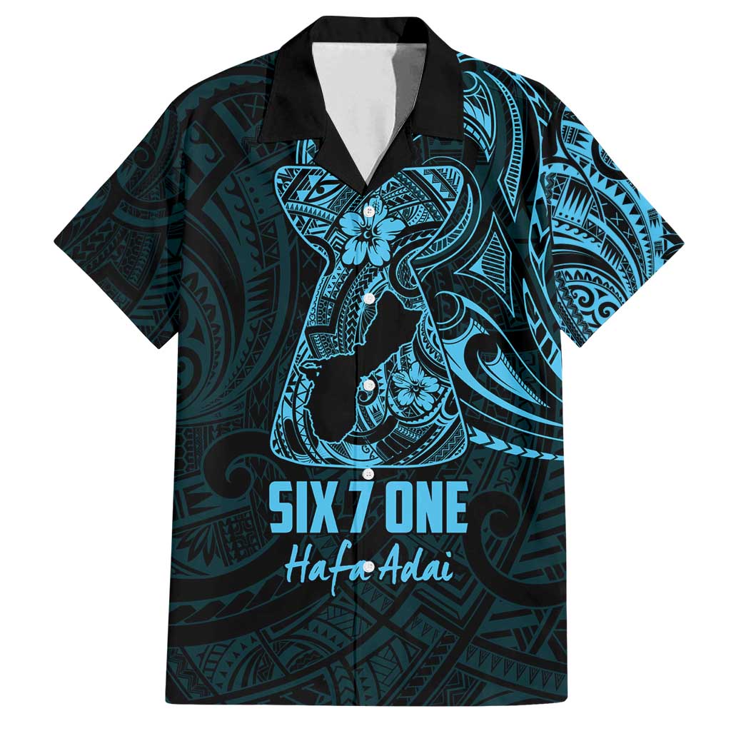 Blue Guam Latte Stone Tribal Tattoo Family Matching Long Sleeve Bodycon Dress and Hawaiian Shirt Hafa Adai Six 7 One LT9 Dad's Shirt - Short Sleeve Blue - Polynesian Pride