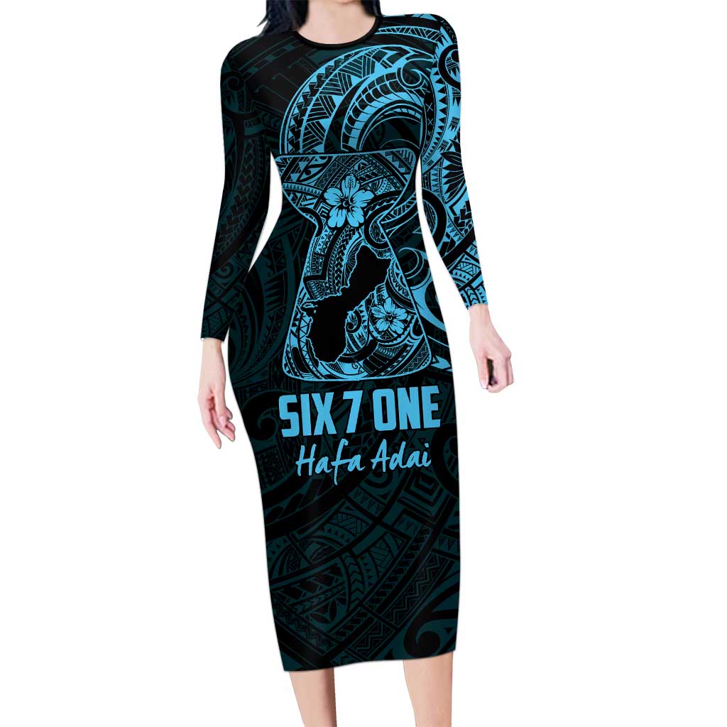 Blue Guam Latte Stone Tribal Tattoo Family Matching Long Sleeve Bodycon Dress and Hawaiian Shirt Hafa Adai Six 7 One LT9 Mom's Dress Blue - Polynesian Pride