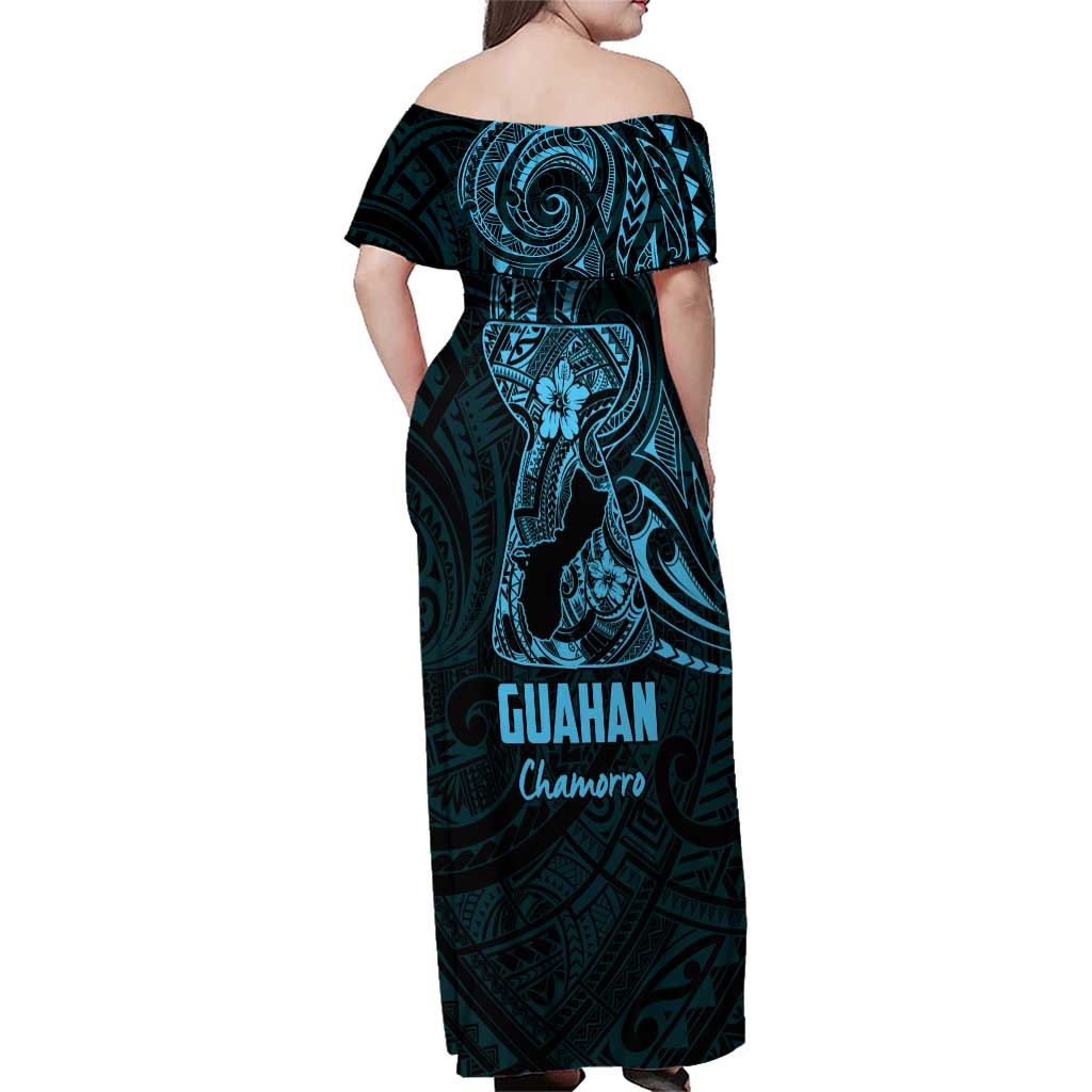 Blue Guam Latte Stone Tribal Tattoo Family Matching Off Shoulder Maxi Dress and Hawaiian Shirt Hafa Adai Six 7 One