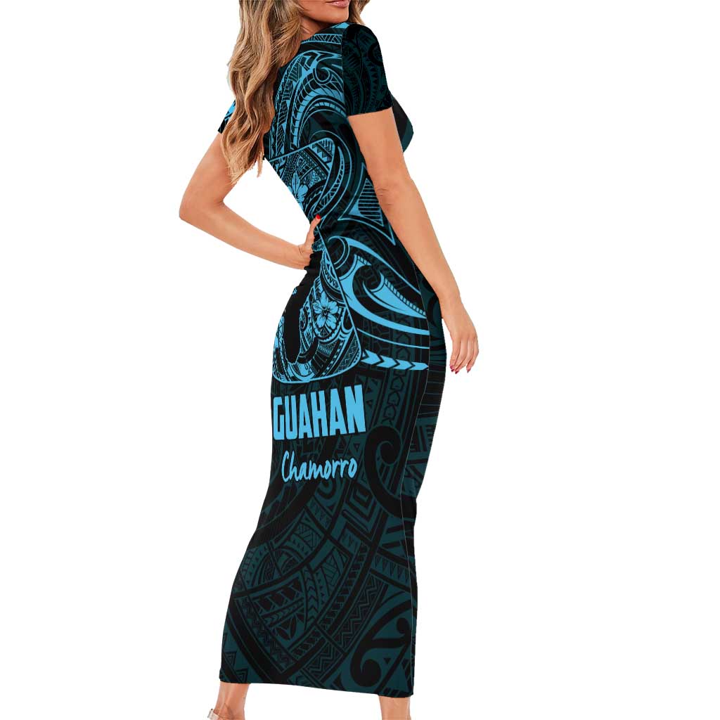 Blue Guam Latte Stone Tribal Tattoo Family Matching Short Sleeve Bodycon Dress and Hawaiian Shirt Hafa Adai Six 7 One LT9 - Polynesian Pride