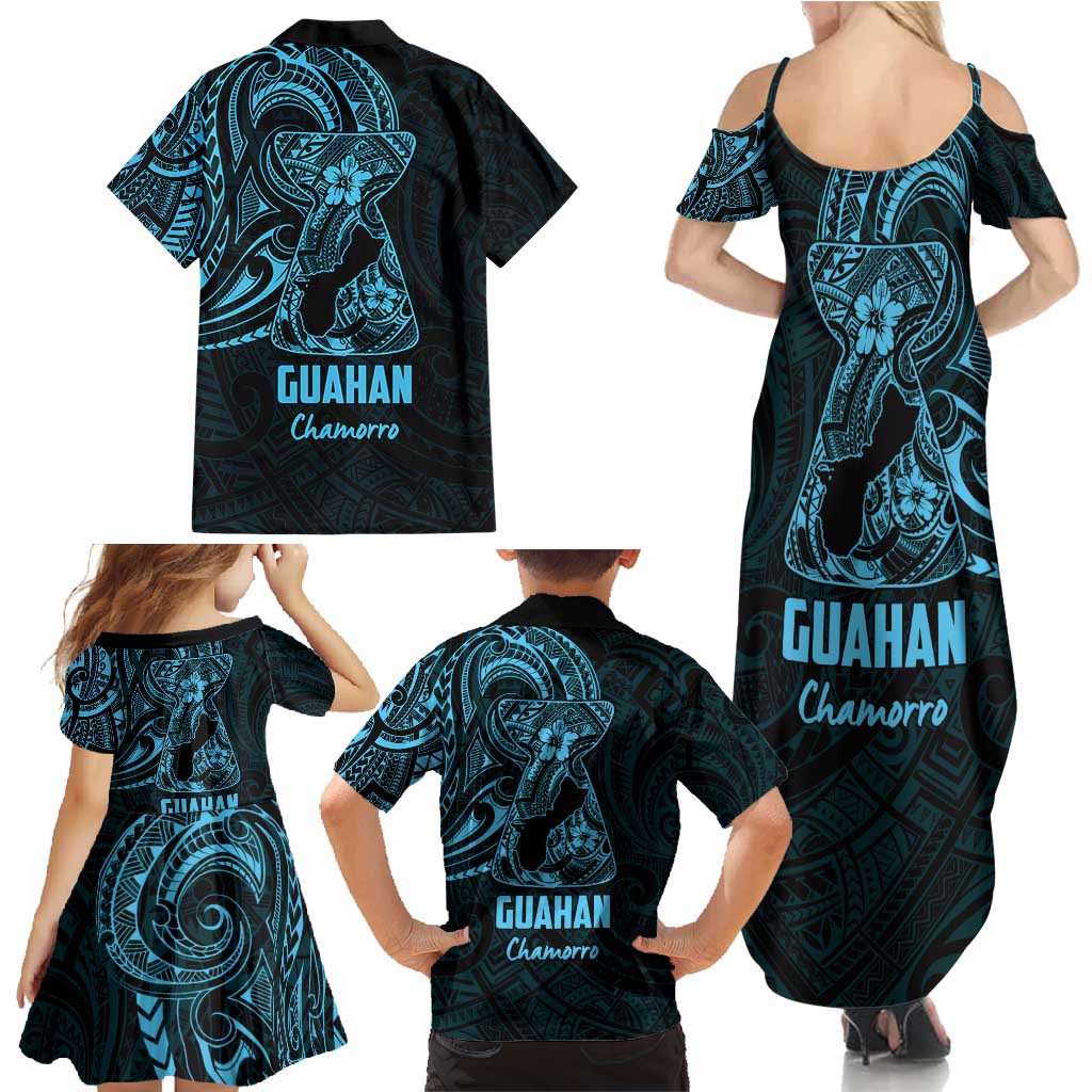 Blue Guam Latte Stone Tribal Tattoo Family Matching Summer Maxi Dress and Hawaiian Shirt Hafa Adai Six 7 One