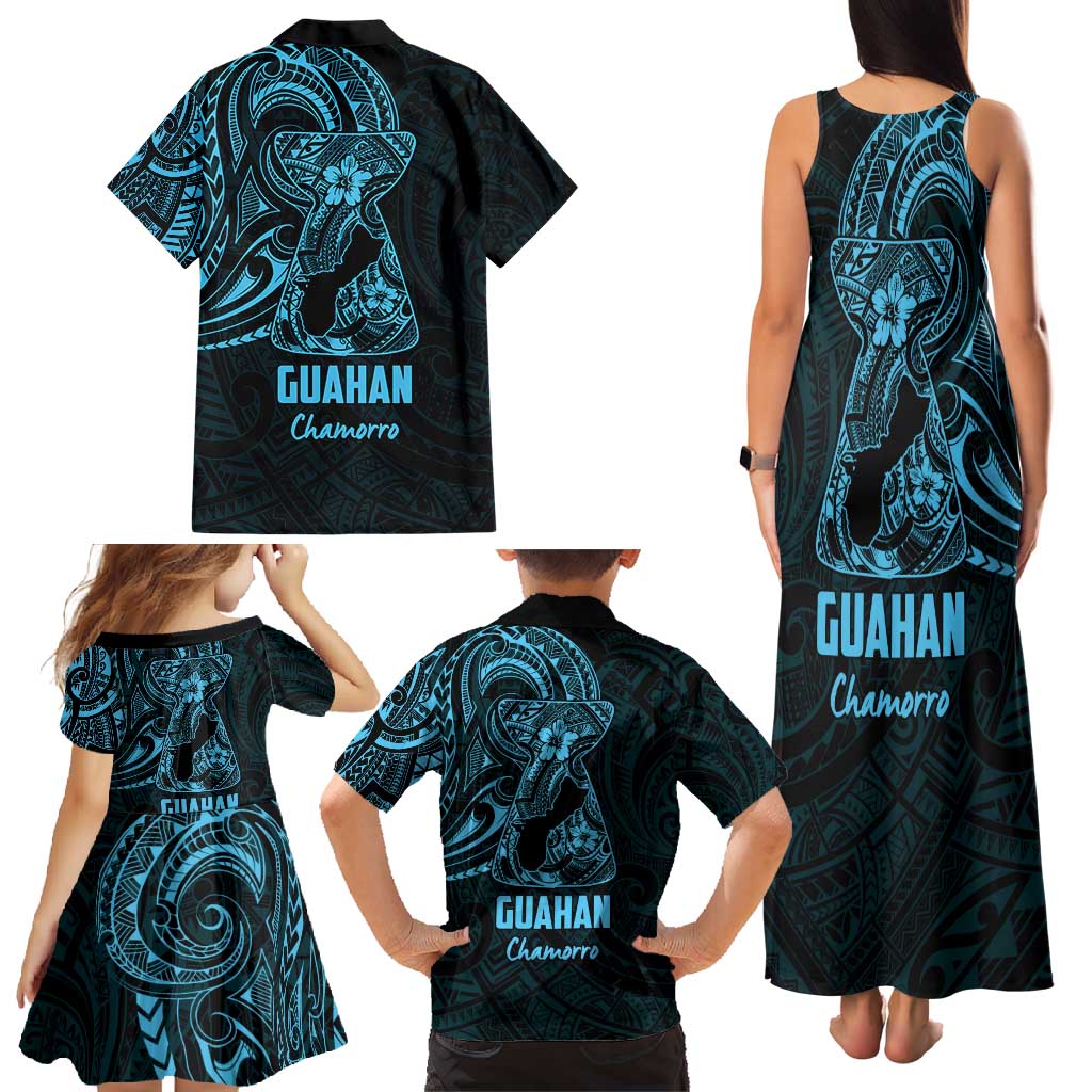 Blue Guam Latte Stone Tribal Tattoo Family Matching Tank Maxi Dress and Hawaiian Shirt Hafa Adai Six 7 One