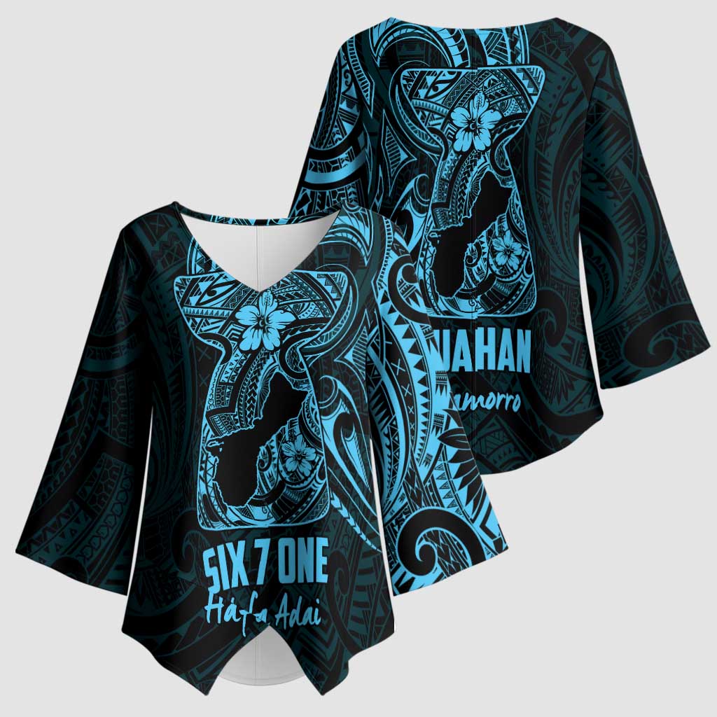 Blue Guam Latte Stone Tribal Tattoo Kimono Sleeve Blouse Hafa Adai Six 7 One - Polynesian Pride
