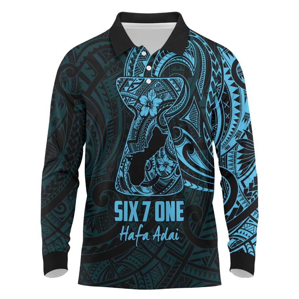 Blue Guam Latte Stone Tribal Tattoo Long Sleeve Polo Shirt Hafa Adai Six 7 One