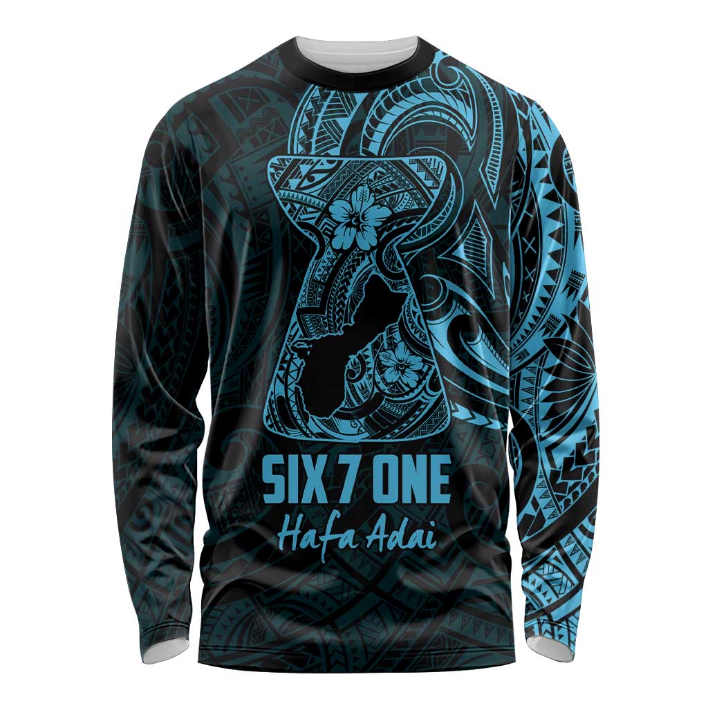 Blue Guam Latte Stone Tribal Tattoo Long Sleeve Shirt Hafa Adai Six 7 One