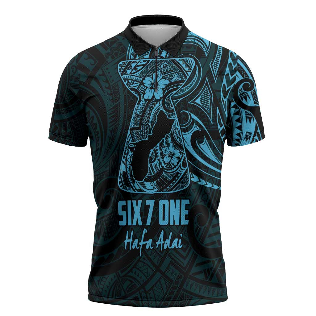 Blue Guam Latte Stone Tribal Tattoo Zipper Polo Shirt Hafa Adai Six 7 One - Polynesian Pride