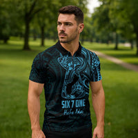 Blue Guam Latte Stone Tribal Tattoo Zipper Polo Shirt Hafa Adai Six 7 One - Polynesian Pride