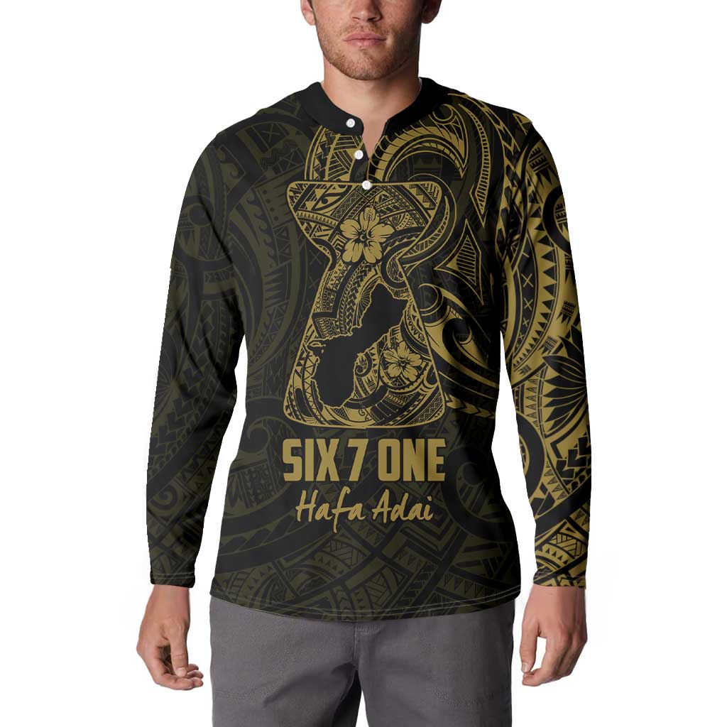 Gold Guam Latte Stone Tribal Tattoo Button Sweatshirt Hafa Adai Six 7 One