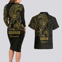 Gold Guam Latte Stone Tribal Tattoo Couples Matching Long Sleeve Bodycon Dress and Hawaiian Shirt Hafa Adai Six 7 One
