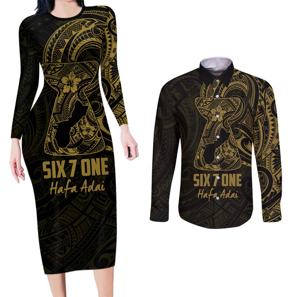 Gold Guam Latte Stone Tribal Tattoo Couples Matching Long Sleeve Bodycon Dress and Long Sleeve Button Shirt Hafa Adai Six 7 One