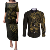 Gold Guam Latte Stone Tribal Tattoo Couples Matching Puletasi and Long Sleeve Button Shirt Hafa Adai Six 7 One