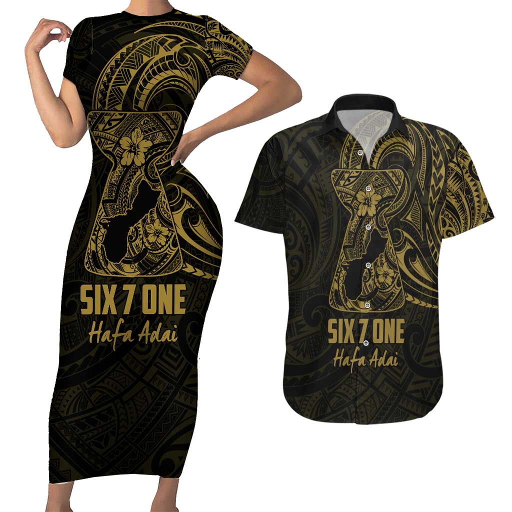Gold Guam Latte Stone Tribal Tattoo Couples Matching Short Sleeve Bodycon Dress and Hawaiian Shirt Hafa Adai Six 7 One