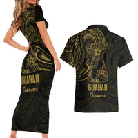Gold Guam Latte Stone Tribal Tattoo Couples Matching Short Sleeve Bodycon Dress and Hawaiian Shirt Hafa Adai Six 7 One