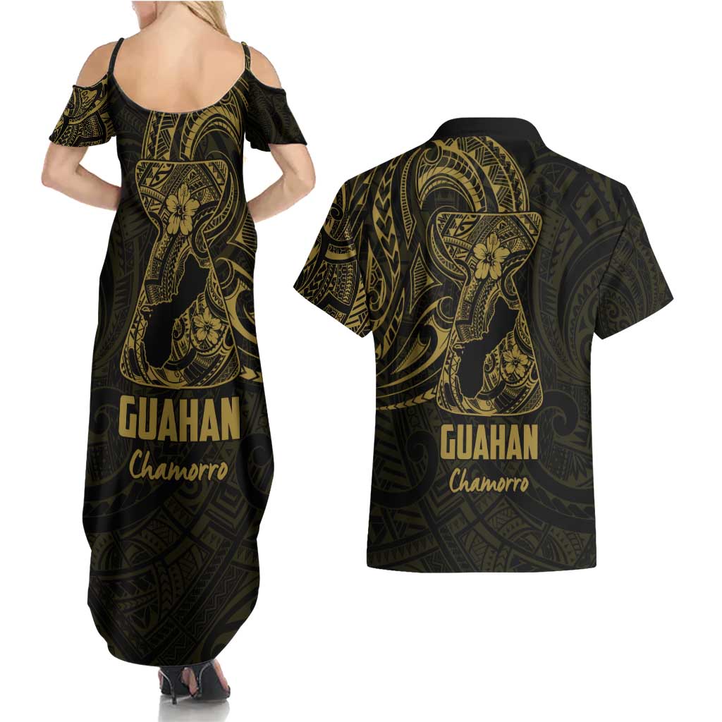 Gold Guam Latte Stone Tribal Tattoo Couples Matching Summer Maxi Dress and Hawaiian Shirt Hafa Adai Six 7 One