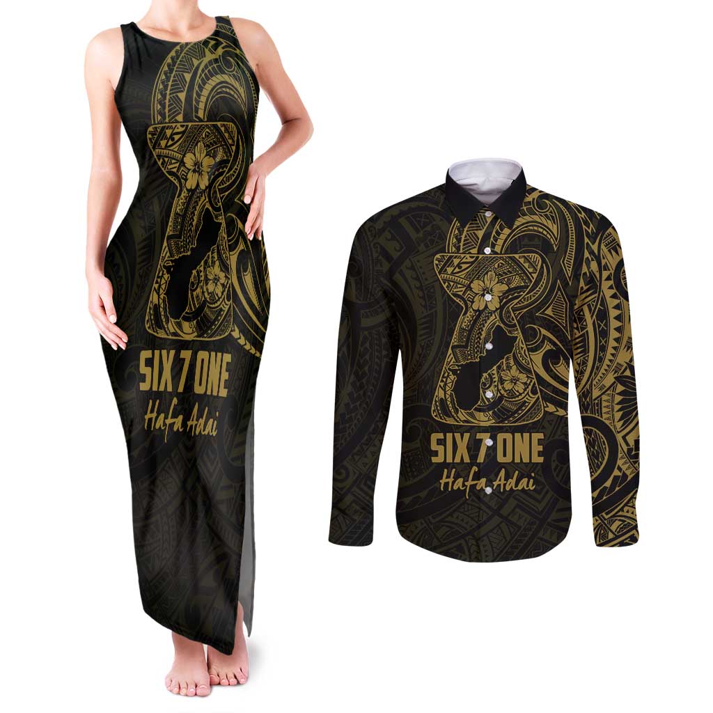 Gold Guam Latte Stone Tribal Tattoo Couples Matching Tank Maxi Dress and Long Sleeve Button Shirt Hafa Adai Six 7 One