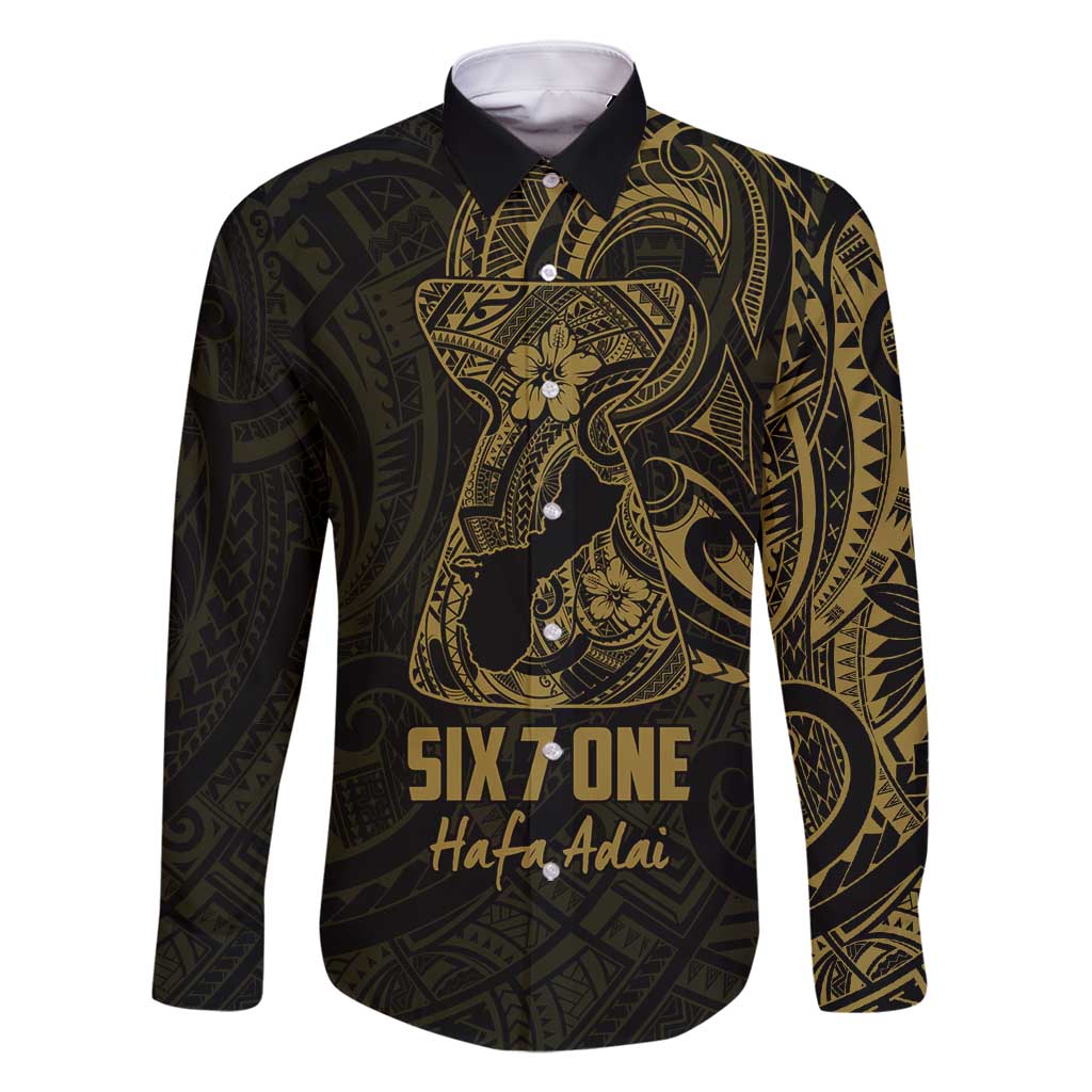 Gold Guam Latte Stone Tribal Tattoo Family Matching Long Sleeve Bodycon Dress and Hawaiian Shirt Hafa Adai Six 7 One LT9 Dad's Shirt - Long Sleeve Gold - Polynesian Pride