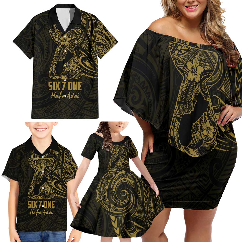 Gold Guam Latte Stone Tribal Tattoo Family Matching Off Shoulder Short Dress and Hawaiian Shirt Hafa Adai Six 7 One