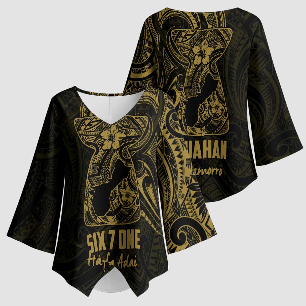 Gold Guam Latte Stone Tribal Tattoo Kimono Sleeve Blouse Hafa Adai Six 7 One - Polynesian Pride